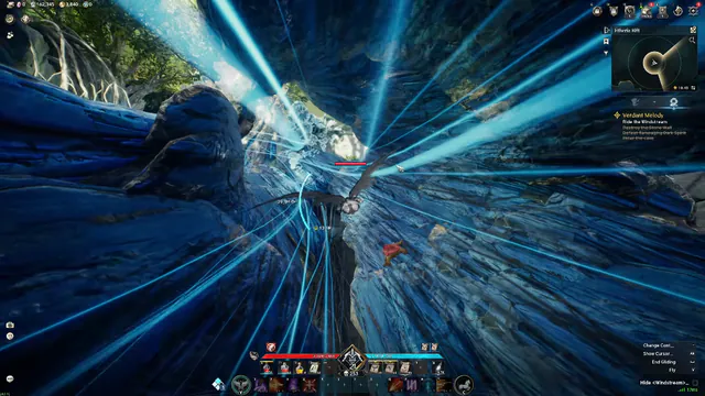 Distance numbers on targets during a glide through a blue canyon