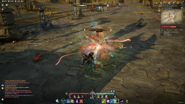 Health bars and damage numbers over a fight in a stone courtyard