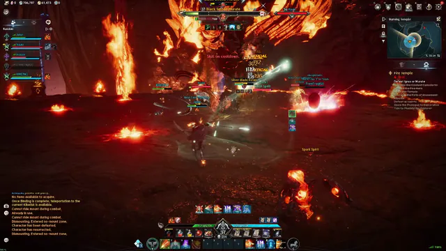 Party list, a boss target frame, and a circular minimap in a burning temple